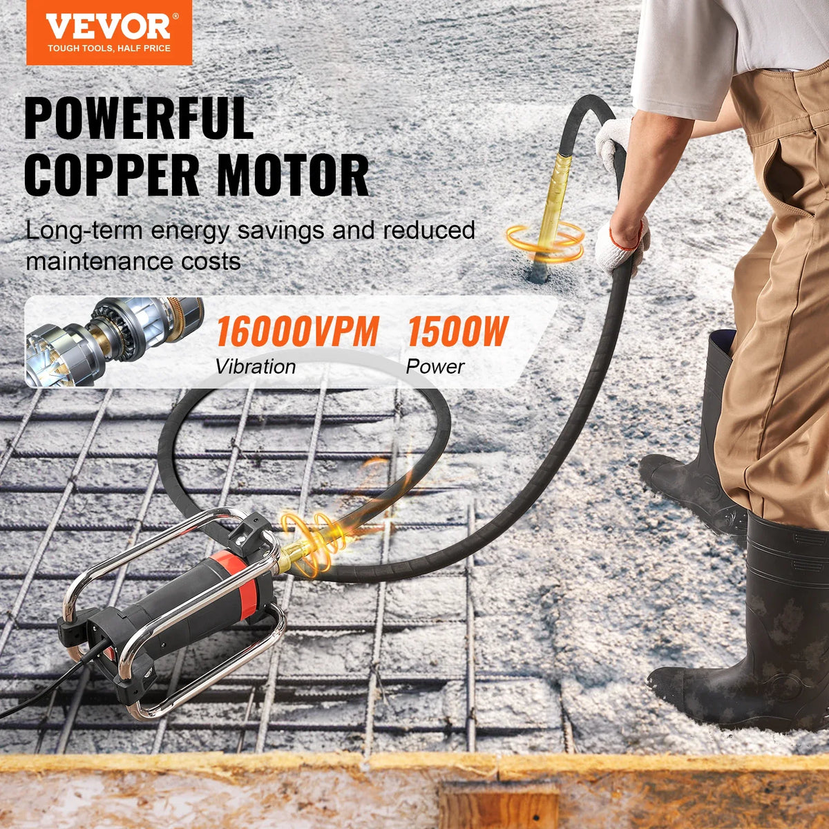 Electric Concrete Vibrator 1300W 16000 VPM 2HP Copper Motor Handheld Portable Pencil Remove Air Bubble and Level