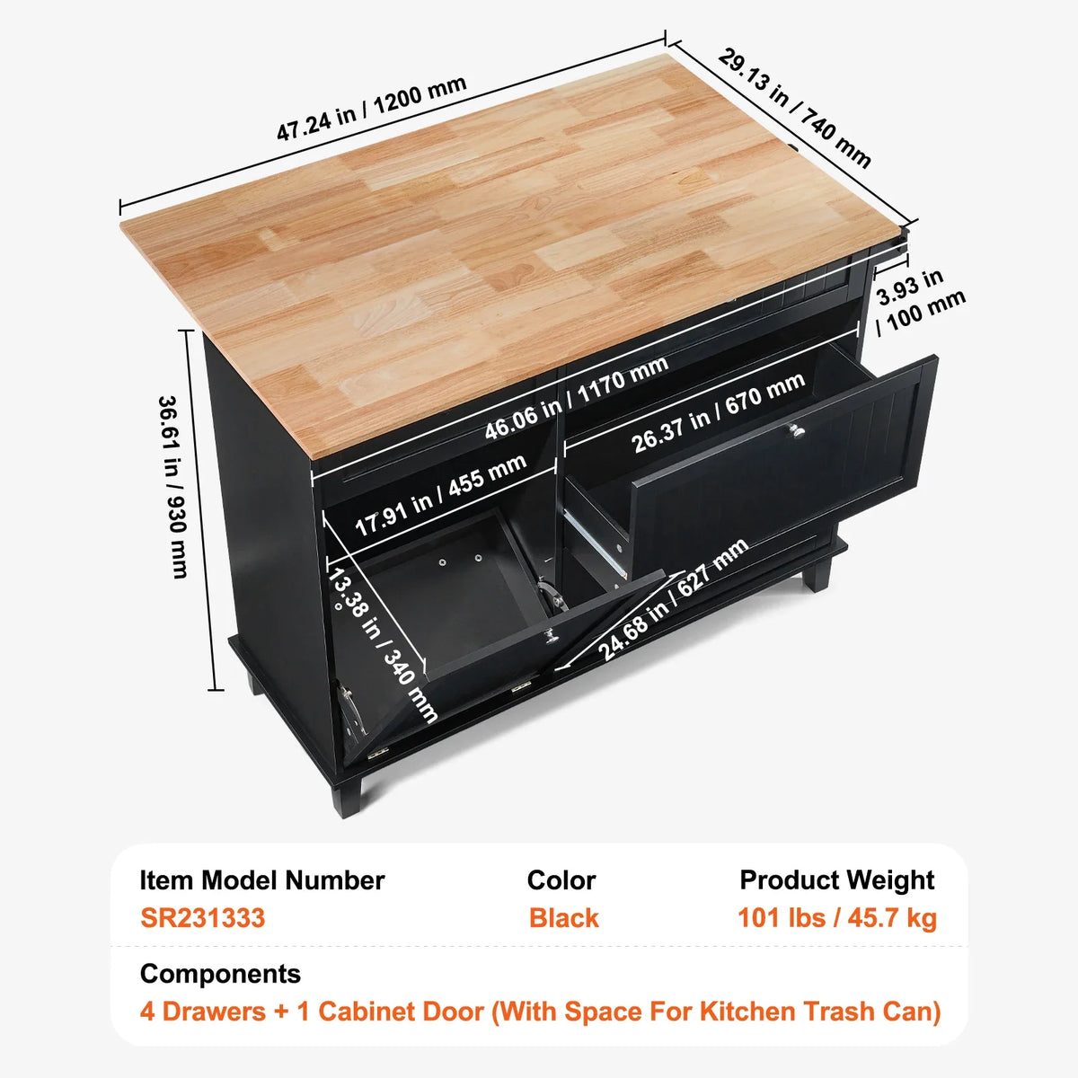 Kitchen Island Cart Breakfast Bar with Trash Cabinet Tilt Out Storage Farmhouse Dining Living Room Table with Drop Leaf