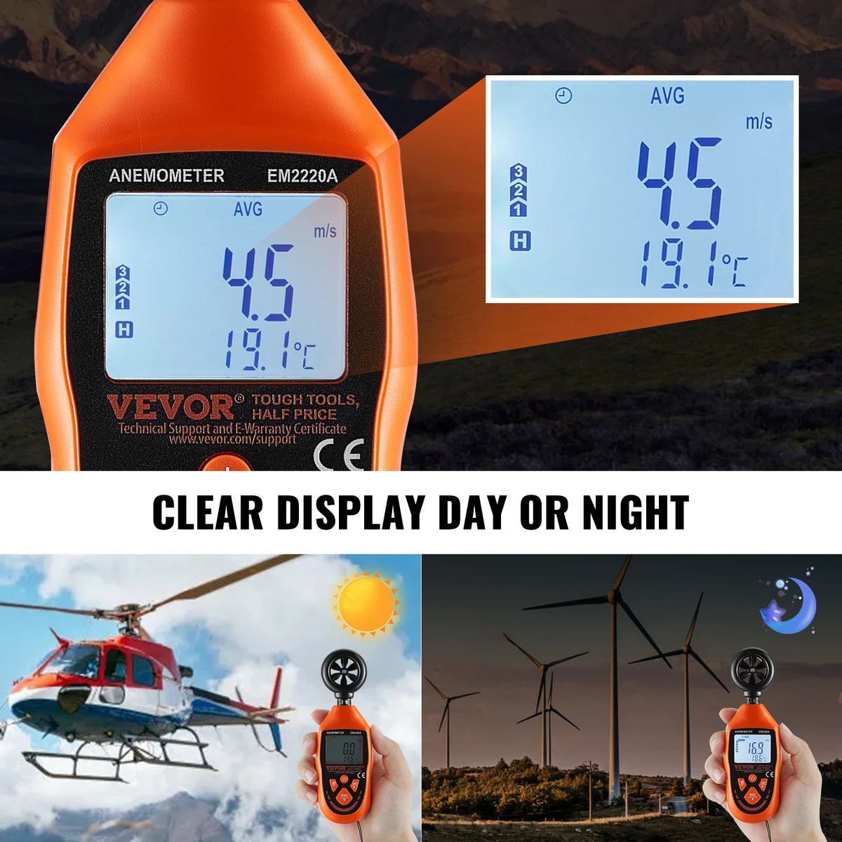 Handheld Anemometer 14℉-113℉ / 14℉-140℉ Digital Wind Speed Meter Gauge with LED Backlight Screen, Measures Wind Velocity