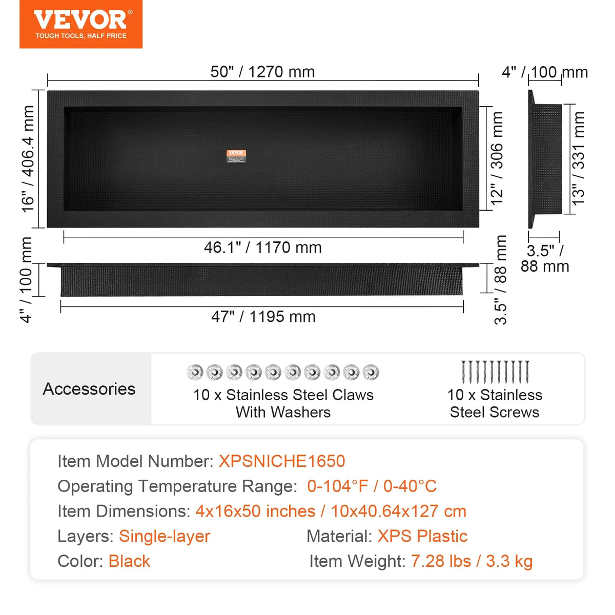 Shower Niche Ready for Tile 16" x 50" Single Shelf Organizer Square Corners Wall-inserted Niche Recessed for  Bathroom