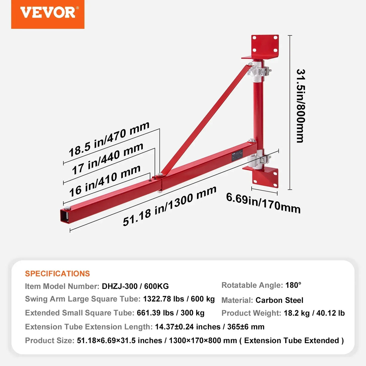 Electric Hoist Support Arm Swing Holder with Pole Steel Hoist Frame 180° Scaffold Winch Lifting Arm for Workshop Garage