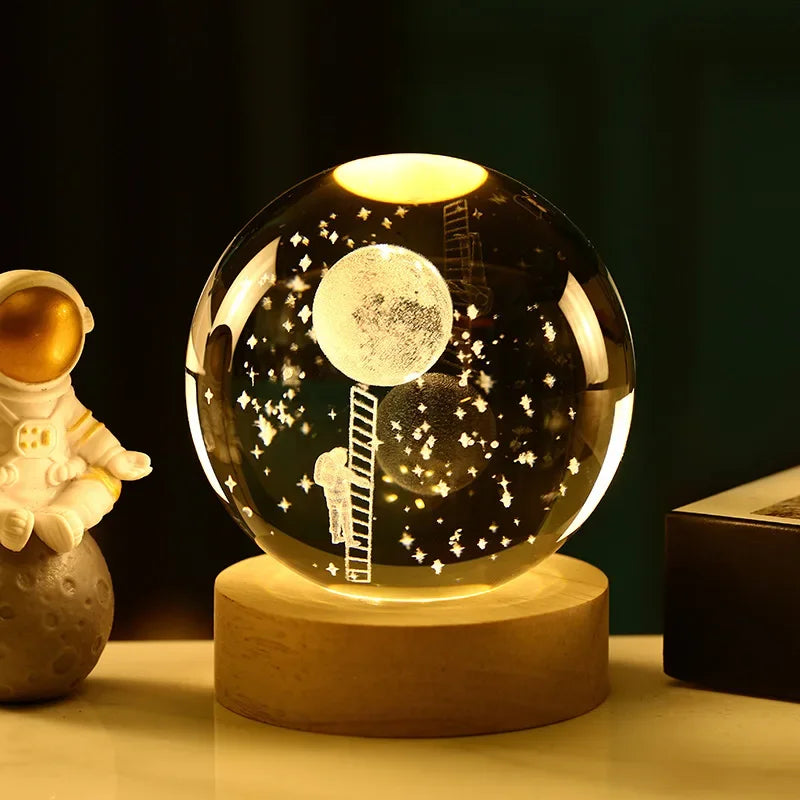 Luminous Crystal Ball LED Night Light Saturn Solar System 3D Moon Table Lamp USB Bedroom Atmosphere Lamp for Birthday Kid Gift