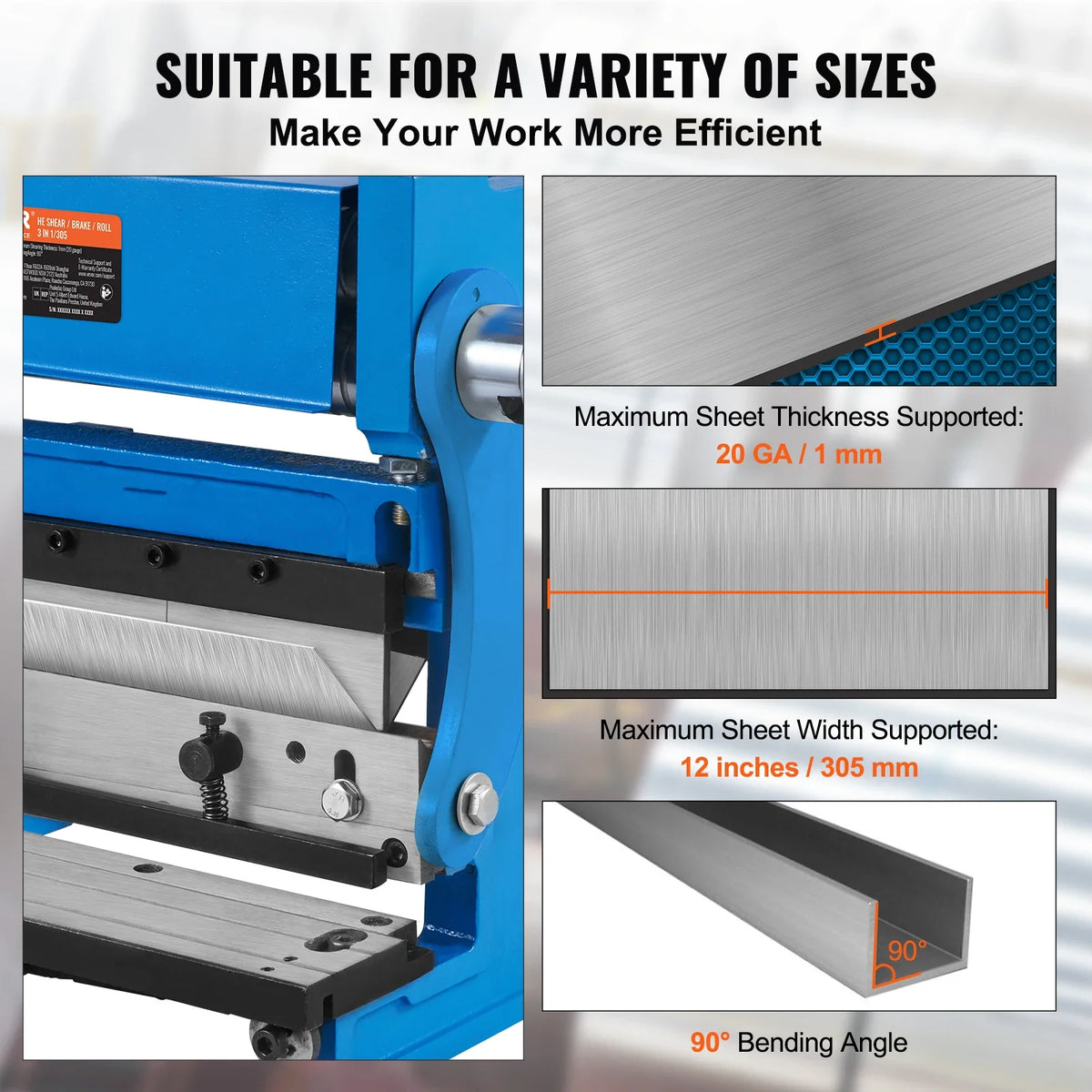 Sheet Metal Brake 12-inch 3-In-1 Combination 20-Gauge Capacity Shear Press Brake, 90° Max Angle for Shear Bending Rolling