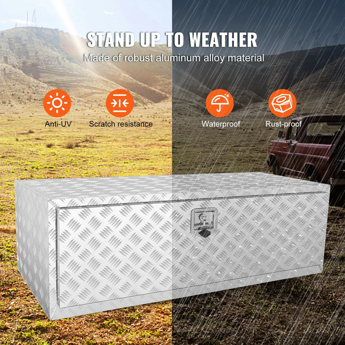Pickup Storage Box, Heavy Duty Aluminum Diamond Plate Tool Box with Lock and Keys,  for Truck, Van, Trailer