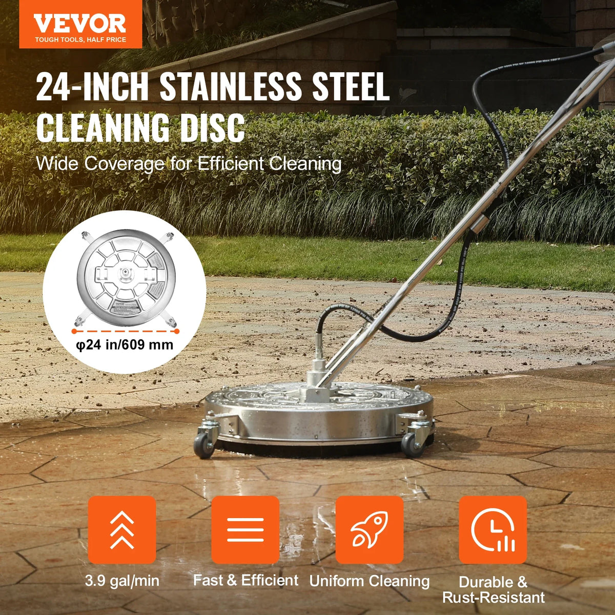 15/18/20/24" Pressure Washer Surface Cleaner w/ Handles & Wheels Stainless Steel Concrete Cleaner 4000 Max PSI for Garden