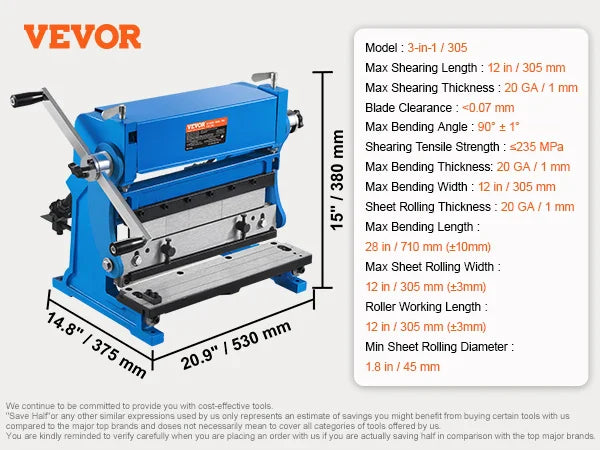 Sheet Metal Brake 12-inch 3-In-1 Combination 20-Gauge Capacity Shear Press Brake, 90° Max Angle for Shear Bending Rolling