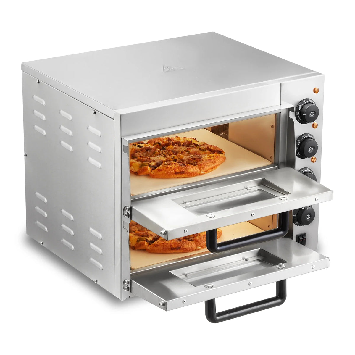 Commercial Pizza Oven Countertop, 14" Double Deck Layer, Stainless Steel Electric Pizza Oven with Stone and Handle
