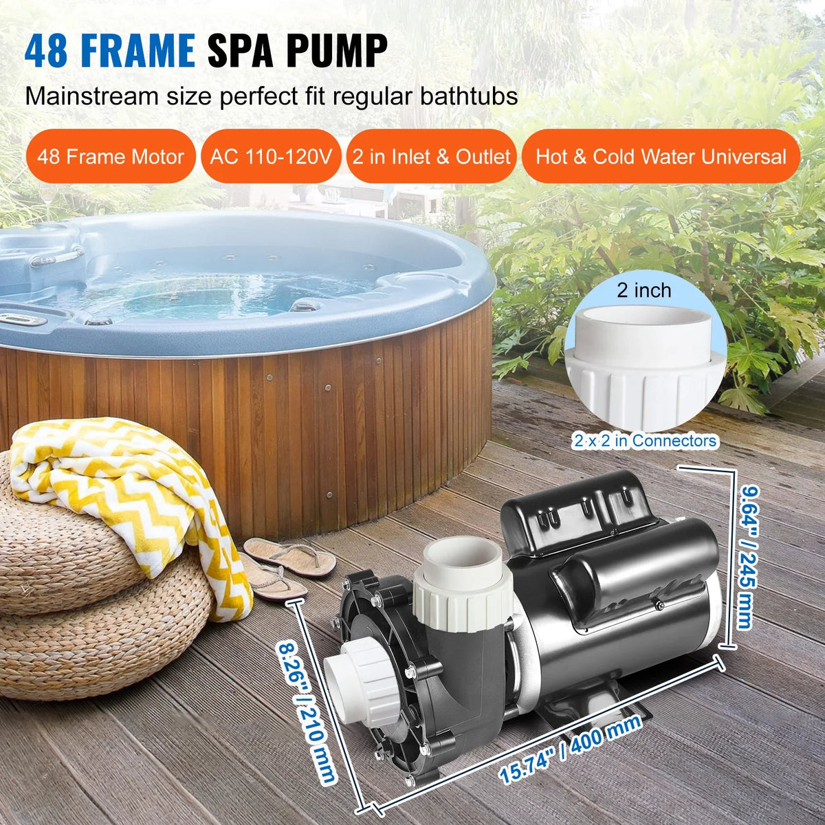 2 Speed SPA Pump 48/56-Frame AC 110-120V SPA Pump 1.5HP/3HP/4HP High Speed 2'' Port 90° Rotational Interface for Hot Tub