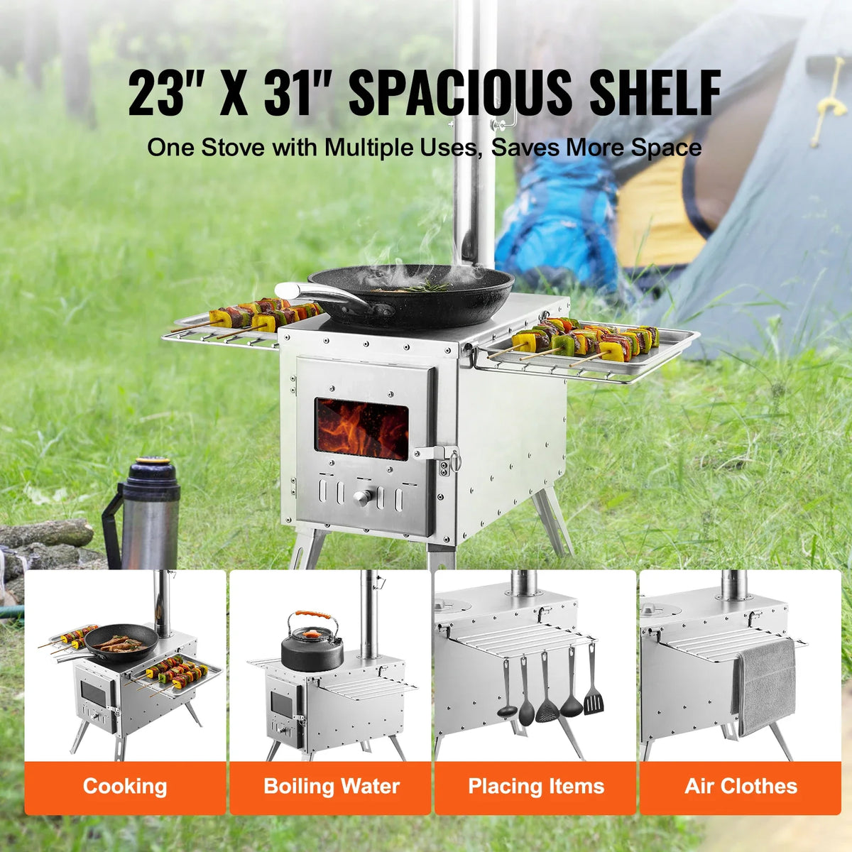 Wood Stove 86 inch Stainless Steel Camping Tent Stove Portable Wood Burning Stove with Chimney Pipes & Gloves with 8 Pipes