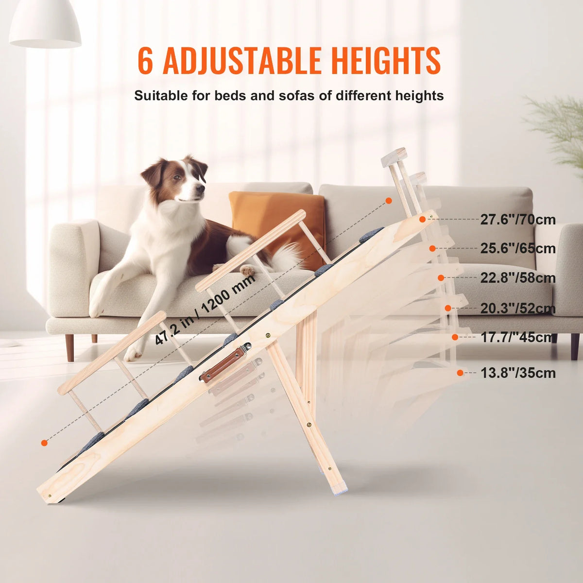 Dog Ramp Folding Ladder Anti-slip High Adjustable Wooden Pet Ramp Removable for Small Old Dog Climbing Stairs Sofa Car Bed