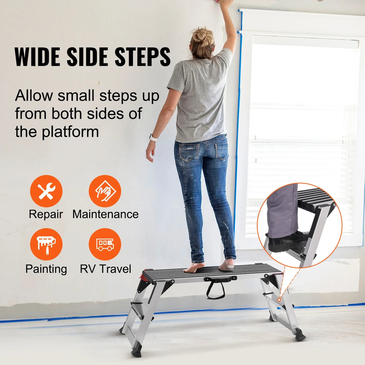 Folding Work Platform 660 lbs Load Capacity Aluminum Drywall Stool Ladder Bench w/ Non-Slip Feet for Washing Vehicles