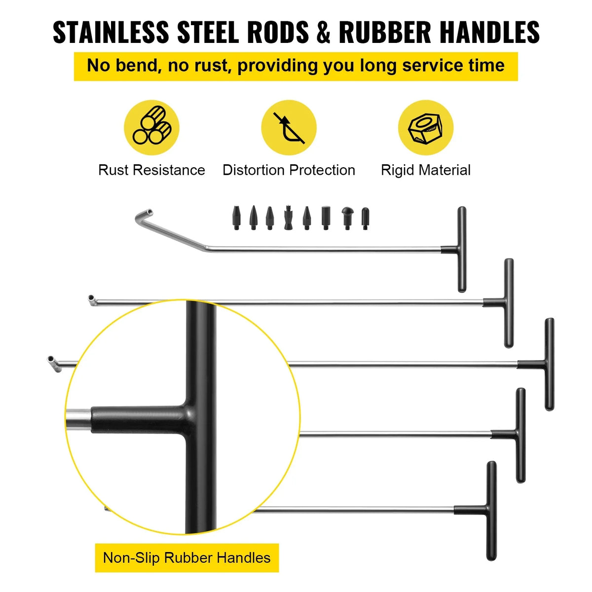 Rods Dent Removal Kit, 5 Pcs Stainless Steel Dent Rods, 8 Pcs Tapper Heads, for Minor Dents, Door Dings and Hail Damage