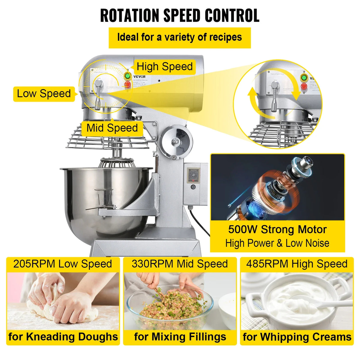 Commercial Food Mixer 10Qt 450W 3 Speeds Adjustable 110/178/390 RPM Heavy Duty 110V Stainless Steel Whisk Beater Premium