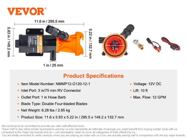 RV Portable Macerator Pump 12V 12GMP with Detachable Quick Connection Valve Metal Hose Clamp Power Cord for RV Motorhome