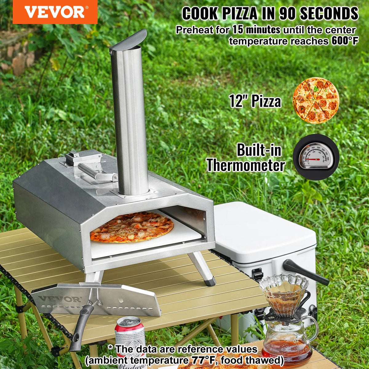 Portable Outdoor Oven, 12-inch Pizza Oven, Pellet & Chips & Charcoal Tri-Fuel, Stainless Steel Pizza Grill, w/ Pizza Stone