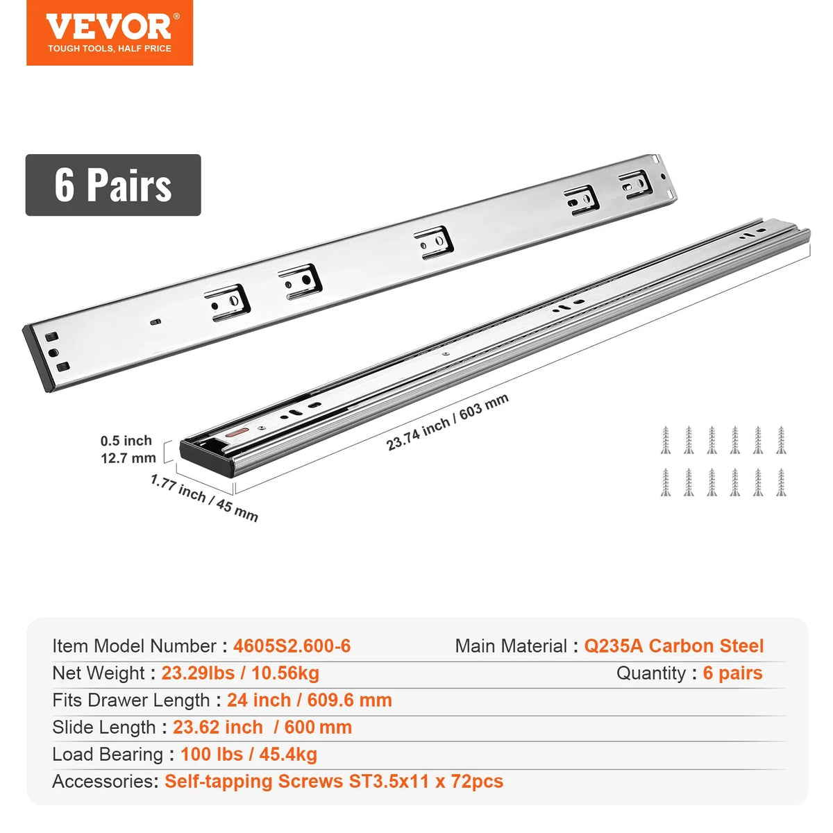 Drawer Slides Side Mount Rails Heavy Duty Full Extension Steel Track Noiseless Guide Glides Cabinet 100 Lbs Load Capacity