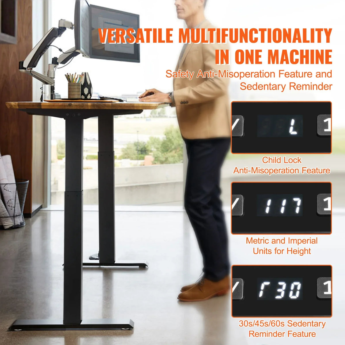 Standing Desk Frame, Adjustable 70-117 cm Height & 90-135 cm Length Electric Stand Up Computer Desk Legs, Black Frame Only