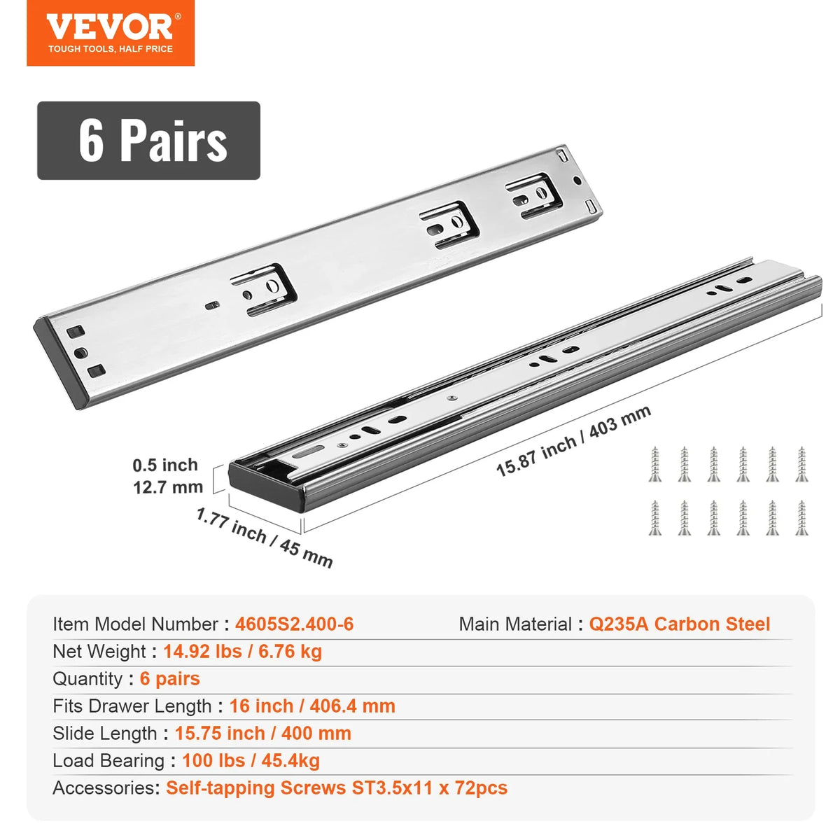 Drawer Slides Side Mount Rails Heavy Duty Full Extension Steel Track Noiseless Guide Glides Cabinet 100 Lbs Load Capacity