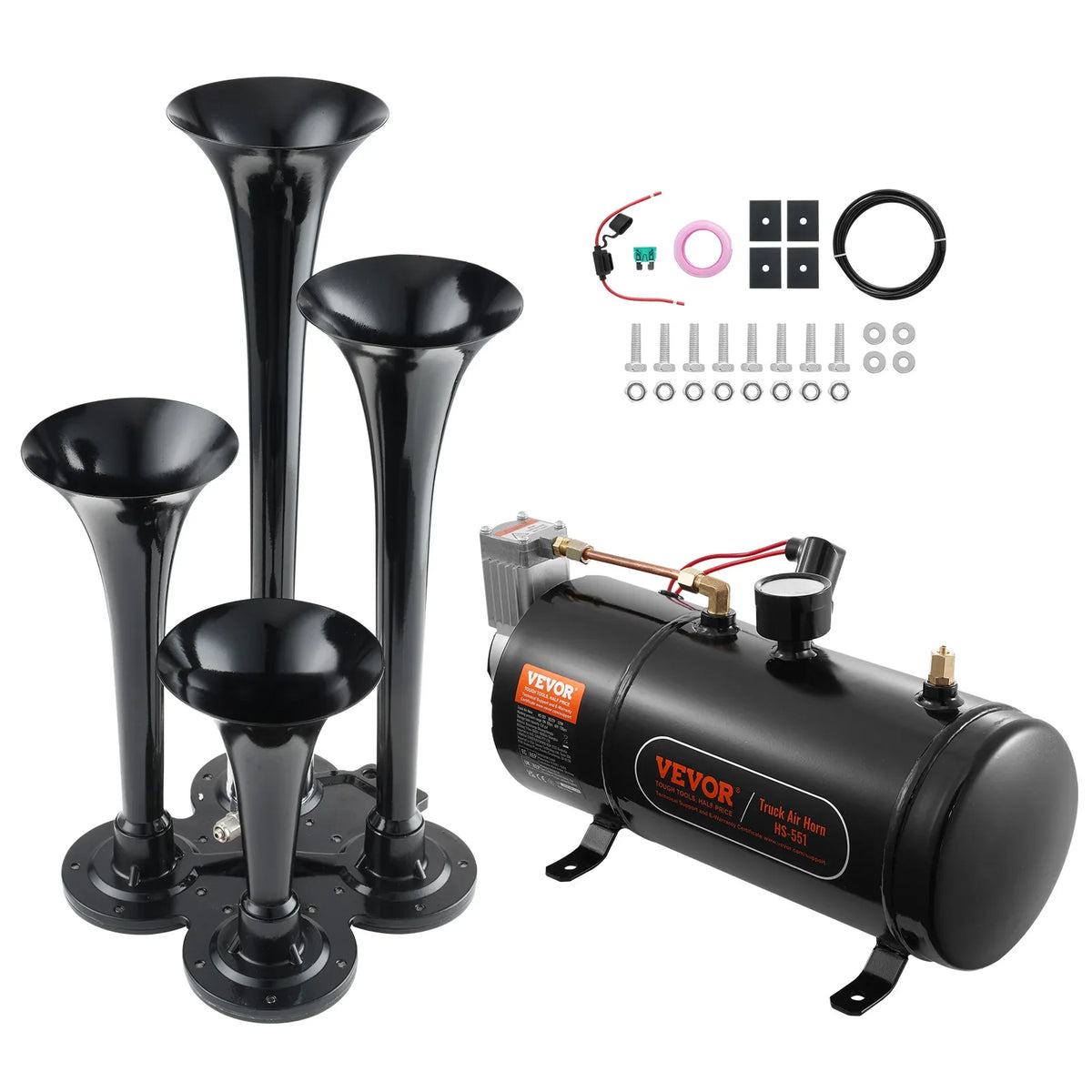 Train Horns Kit, 4 Trumpet Air Horn Kit, 150dB Train Horns for Pickup Trucks, 12V 120 psi Air Compressor 3 L Tank w/Gauge