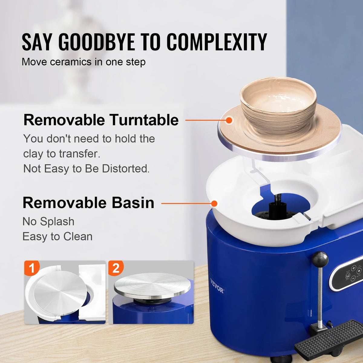 11in Pottery Wheel Ceramic Forming Machine Adjustable 60-300RPM Speed Handle and Foot Pedal Control ABS Detachable Basin