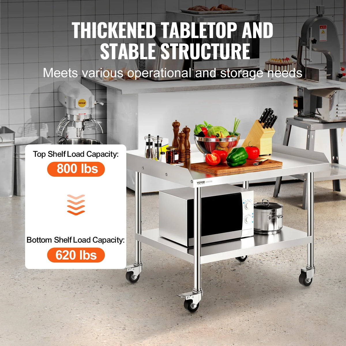 Stainless Steel Work Table Commercial Food Prep Worktable w/ 4 Wheels Heavy Duty Prep Worktable for Restaurant Home Hotel