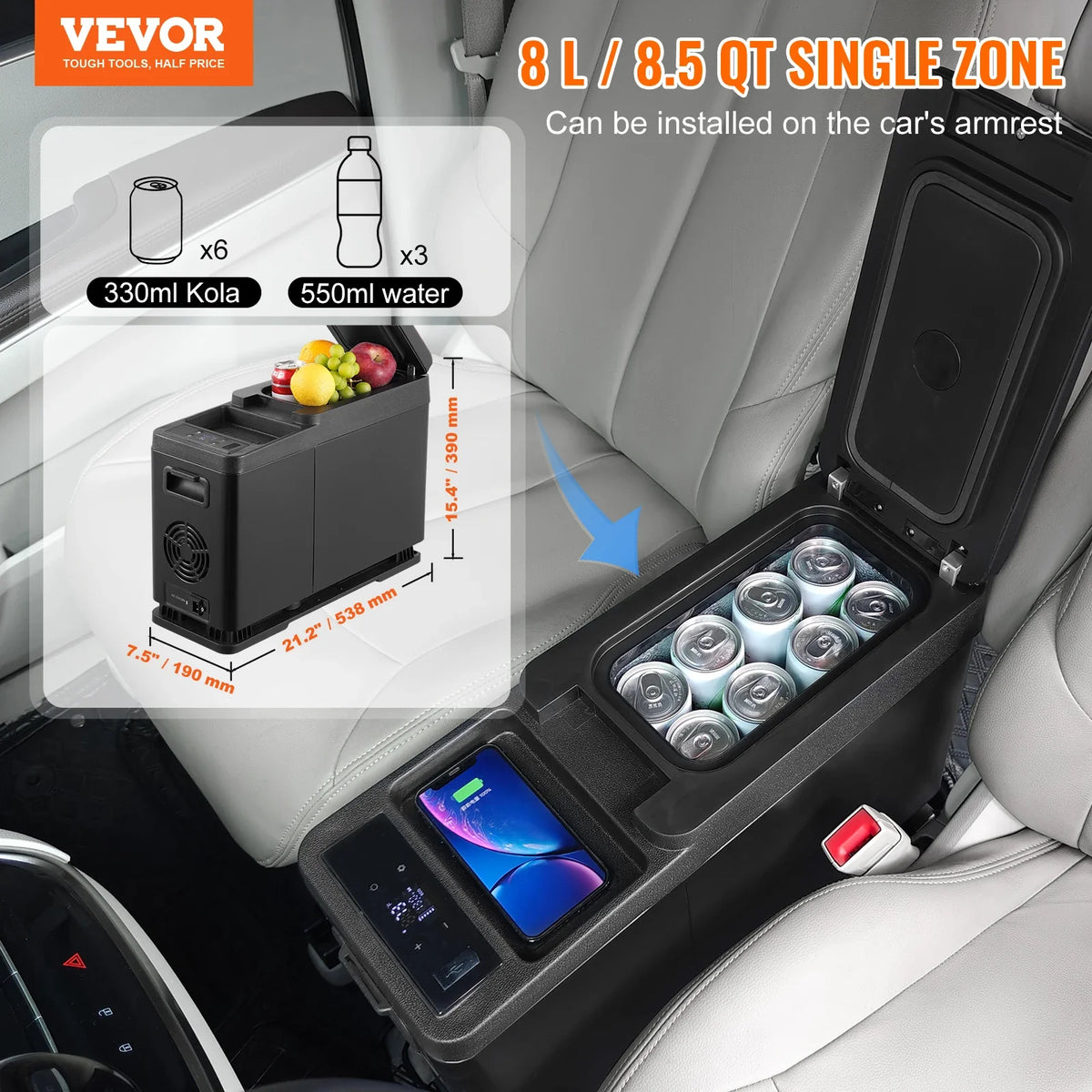 12V Car Armrest Refrigerator Fridge, 8 L Single Zone Freezer, 12/24V DC and 100-240V AC Compressor Cooler for Outdoor