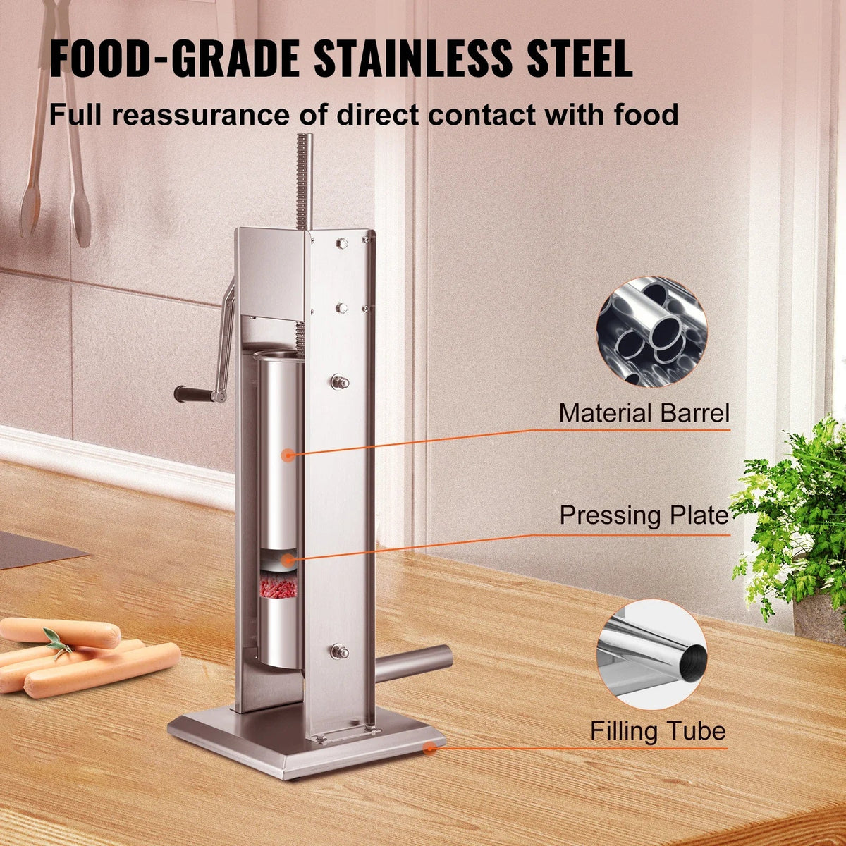 Manual Sausage Stuffer 3L 5L Stainless Steel Making Sausage Vertical Maker with 5 Filling Funnels