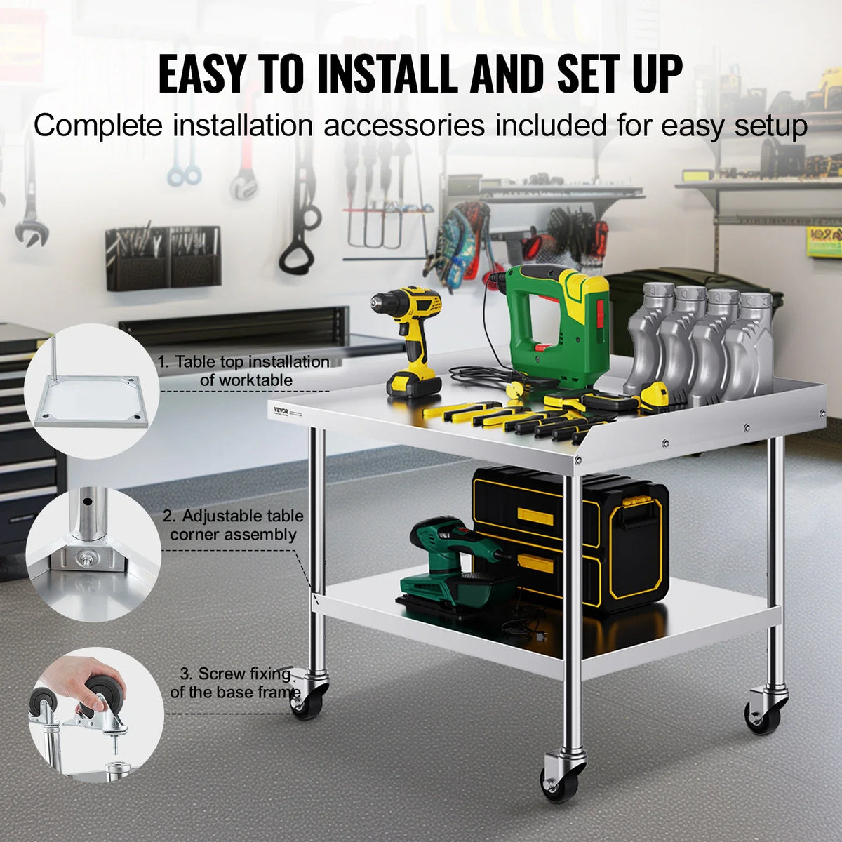 Stainless Steel Work Table Commercial Food Prep Worktable w/ 4 Wheels Heavy Duty Prep Worktable for Restaurant Home Hotel
