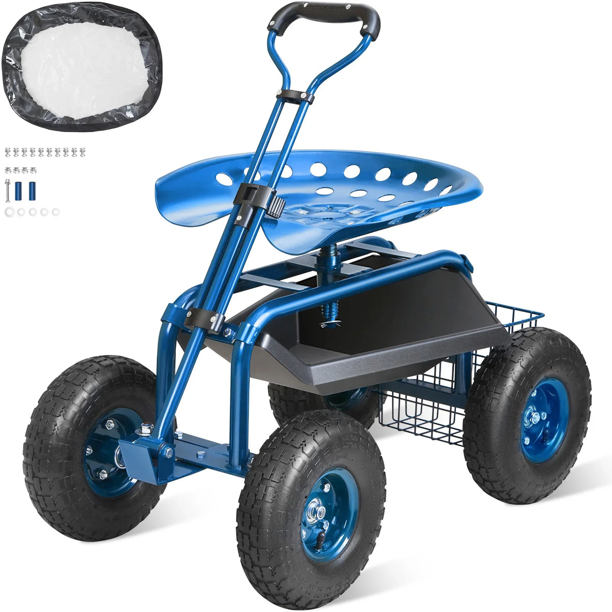 Garden Cart Rolling Workseat with Wheels Gardening Stool for Planting 360 Degree Swivel Seat Wagon Scooter with Steering