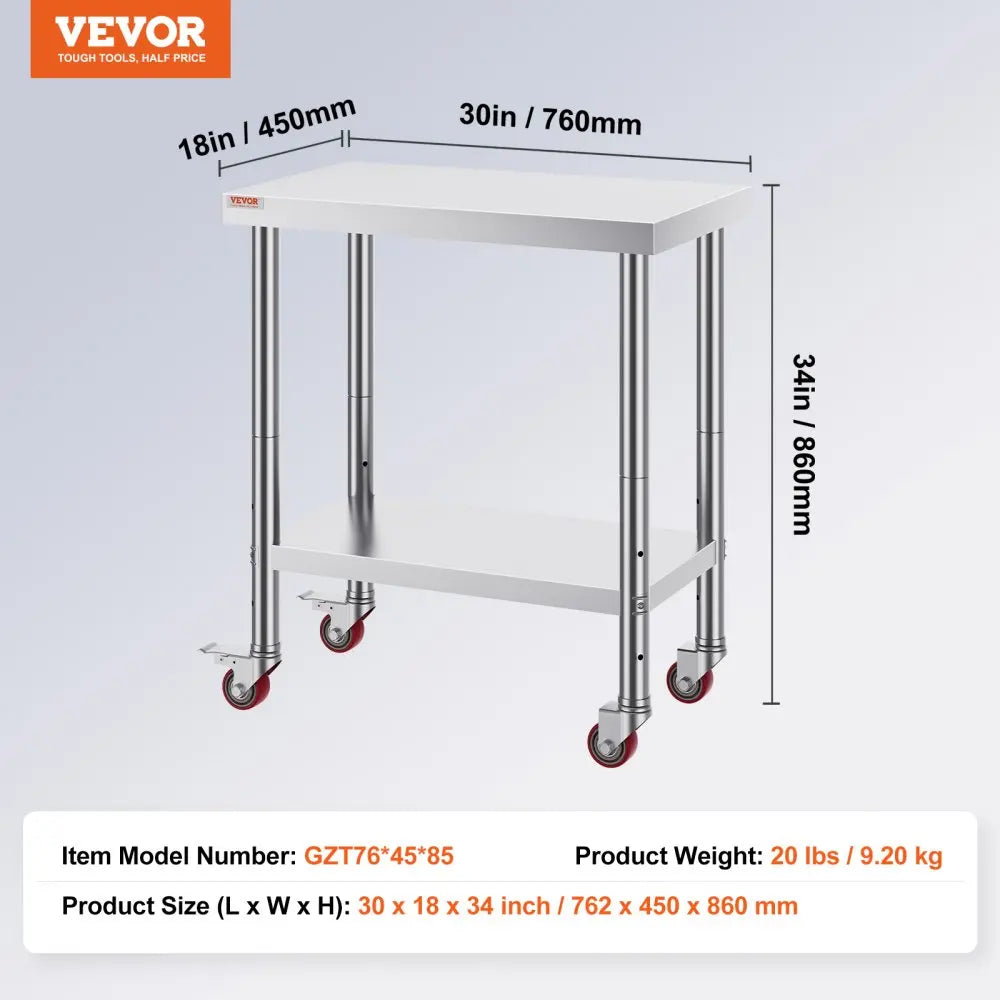Stainless Steel Work Table 700 LBS Load Capacity with 4 Wheels Heavy Duty Food Prep Worktable