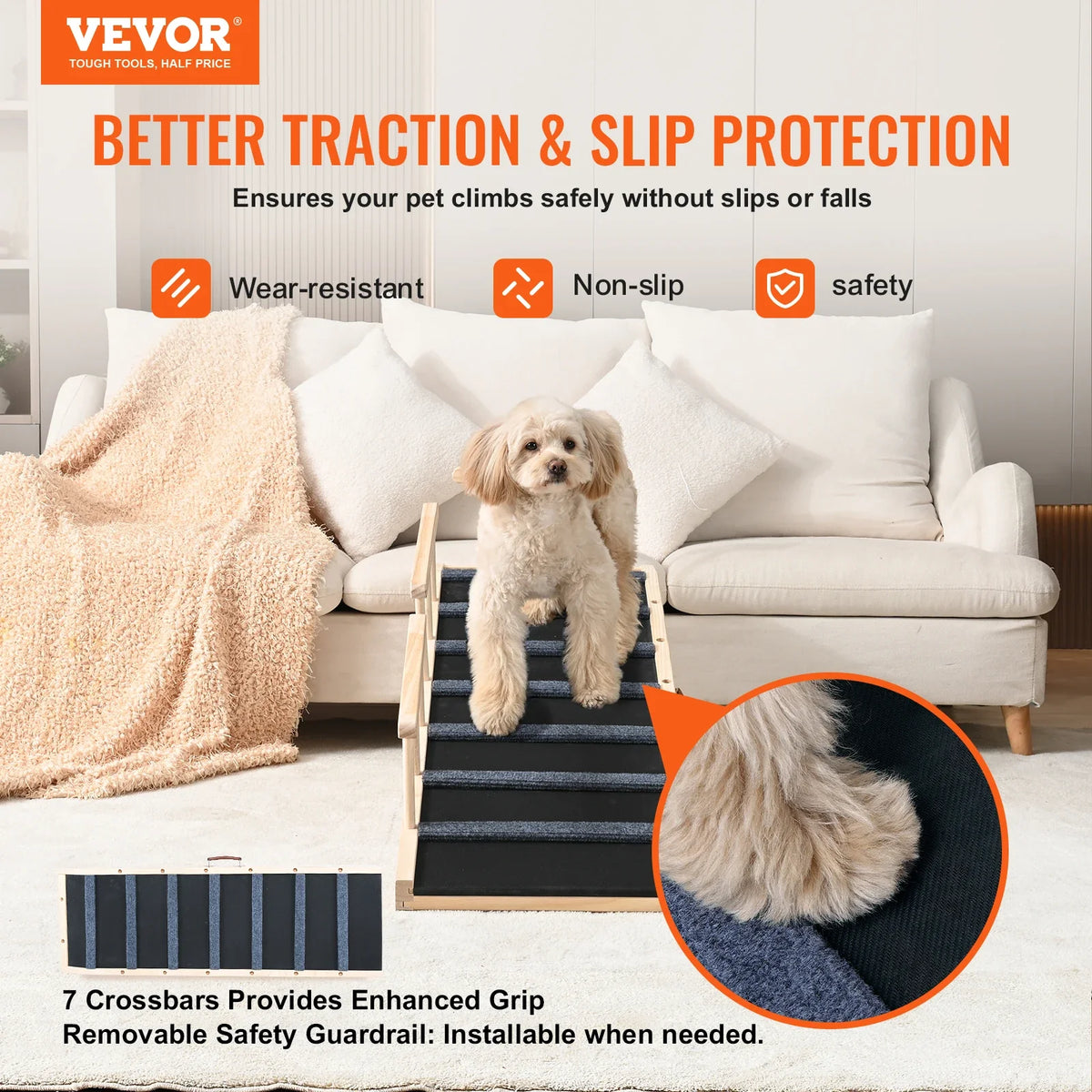 Dog Ramp Folding Ladder Anti-slip High Adjustable Wooden Pet Ramp Removable for Small Old Dog Climbing Stairs Sofa Car Bed