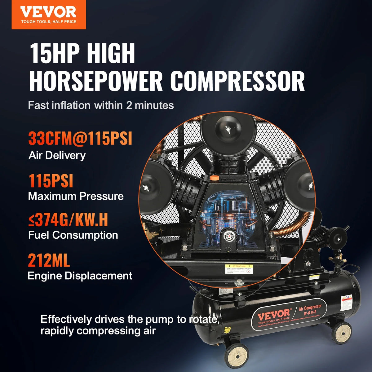 7HP/15HP Gas Power Air Compressor 10/20/30 Gallon Air Compressor Tank 115PSI Max Pressure for Construction Sites Workshop