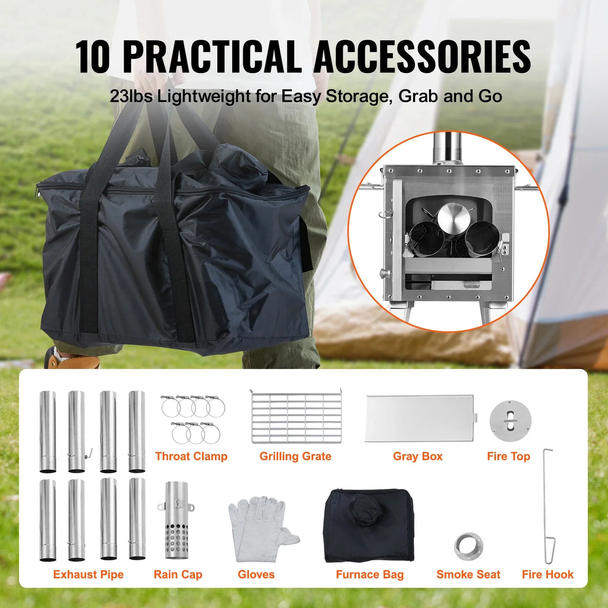 Wood Stove 86 inch Stainless Steel Camping Tent Stove Portable Wood Burning Stove with Chimney Pipes & Gloves with 8 Pipes
