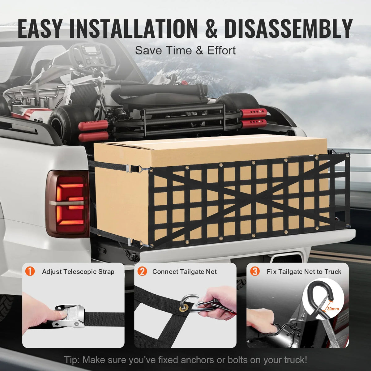 Universal Car Rear Trunk Net Mesh Elastic Tailgate Net with 4 Telescopic Straps Cargo Storage Organizer for Pickup Trailer
