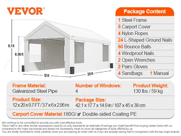 Carport 10x20ft/12x20ft Heavy Duty Car Canopy Waterproof Garage with Roll-up Ventilated Windows & Removable Sidewalls