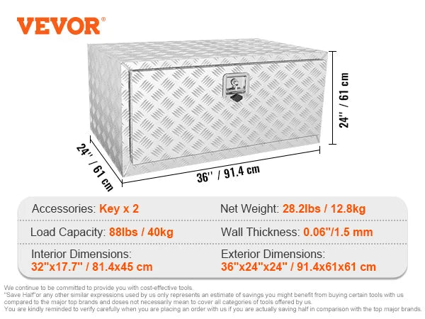 Pickup Storage Box, Heavy Duty Aluminum Diamond Plate Tool Box with Lock and Keys,  for Truck, Van, Trailer