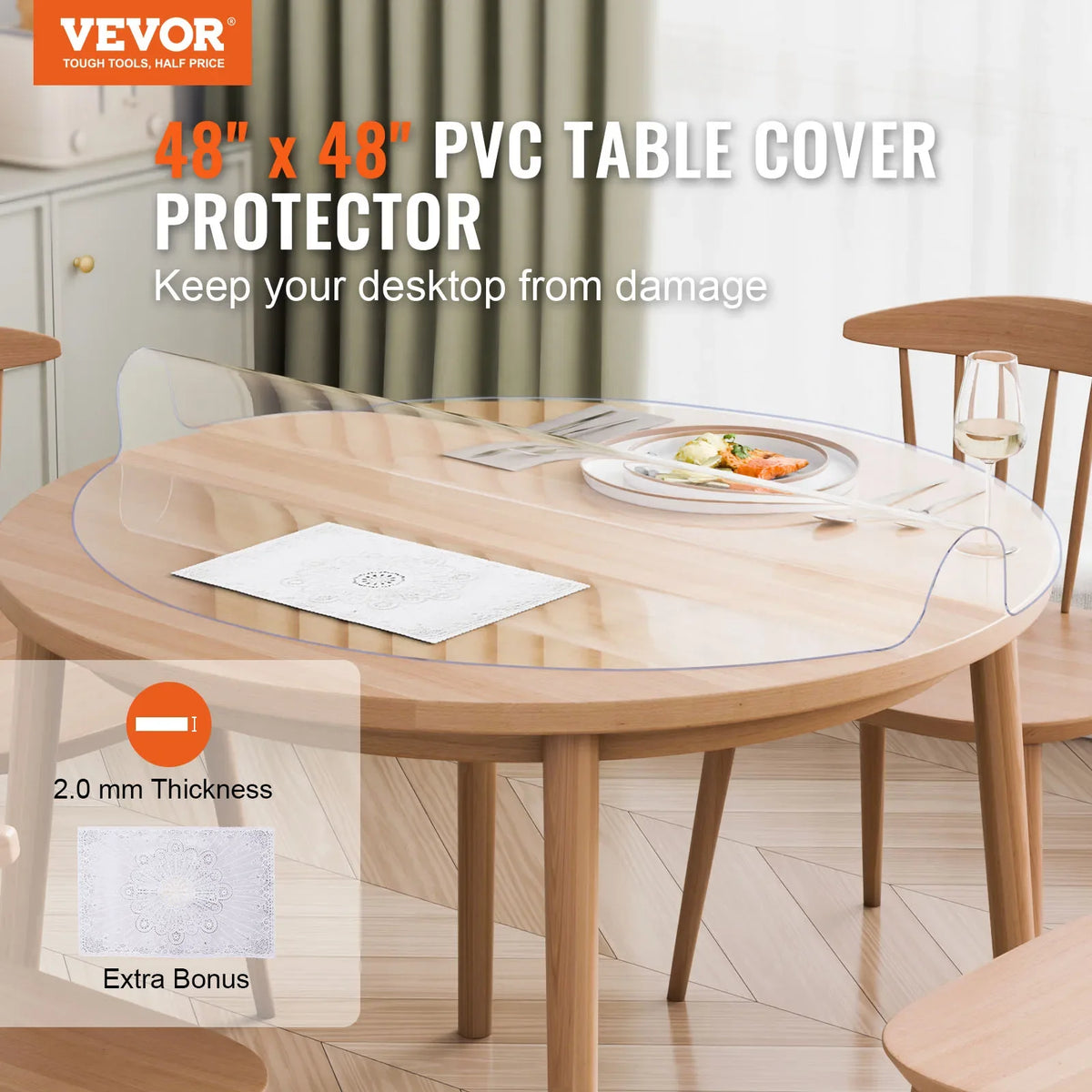 Plastic Table Cover 48 x 48 Inch Clear Table Protector, Round PVC Desk Mat Waterproof & Easy Cleaning Desk Pad Tablecloth