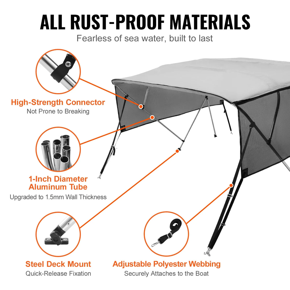4 Bow Bimini Top Boat Cover Detachable Mesh Sidewalls 600D Polyester Canopy with Aluminum Alloy Frame Include Storage Boot