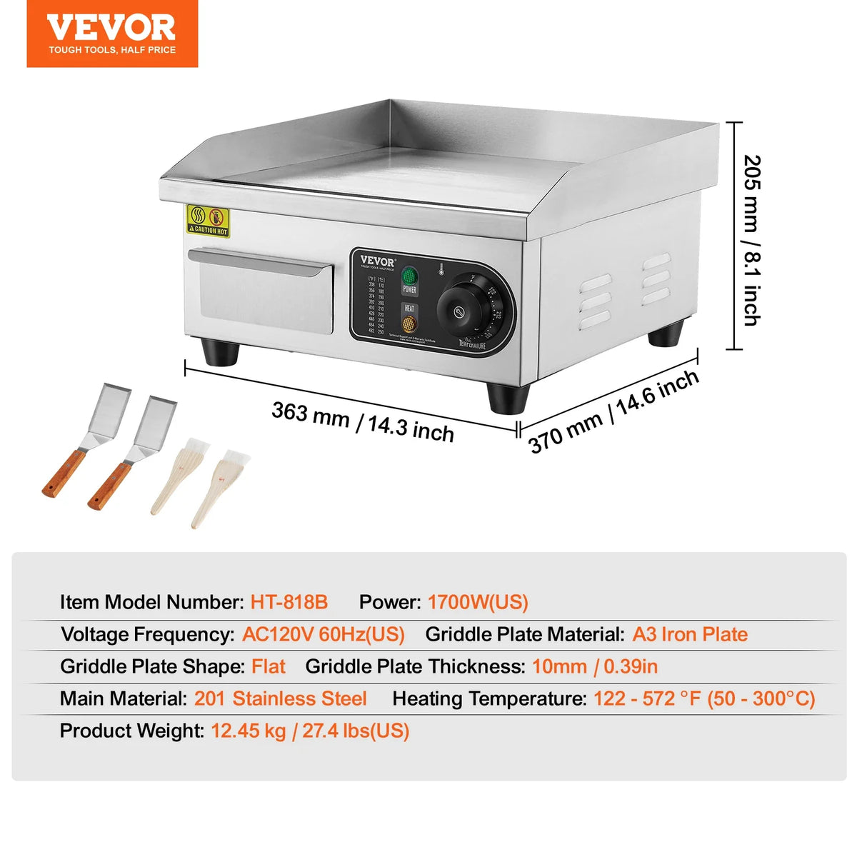 Commercial Electric Griddle 1700W Countertop Flat Top Grill 122℉-572 ℉ Adjustable Temprature Stainless Steel Griddle Grill