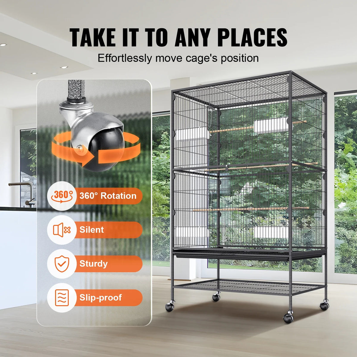 52/54 inch Standing Large Flight Bird Cage Carbon Steel Parakeets Cages with Rolling Stand and Tray for Cockatiels Parrots