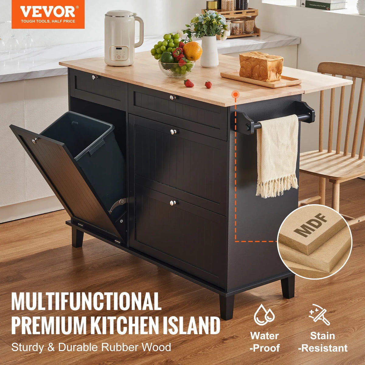 Kitchen Island Cart Breakfast Bar with Trash Cabinet Tilt Out Storage Farmhouse Dining Living Room Table with Drop Leaf