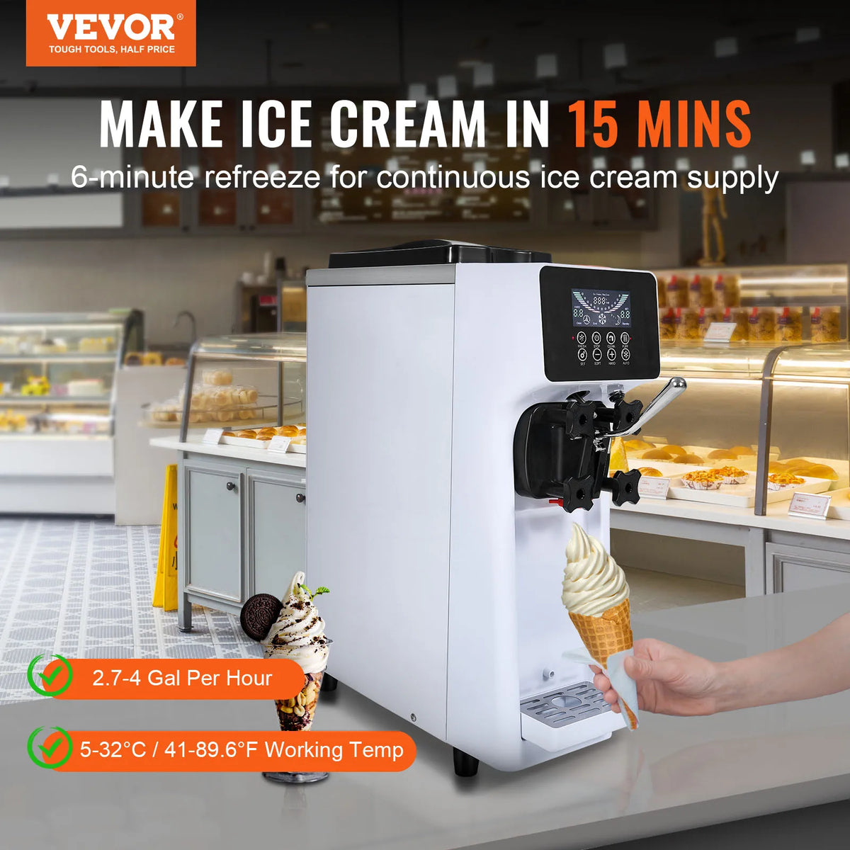 Commercial Ice Cream Machine, 10.6 QT/H Yield, 1000W Single Flavor Countertop Soft Serve Ice Cream Maker, with 4L Hopper