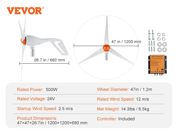 500W Wind Turbine Generator 24V Wind Turbine Kit 3-Blade Wind Power Generator with MPPT Controller 2.5m/s Start Wind Speed