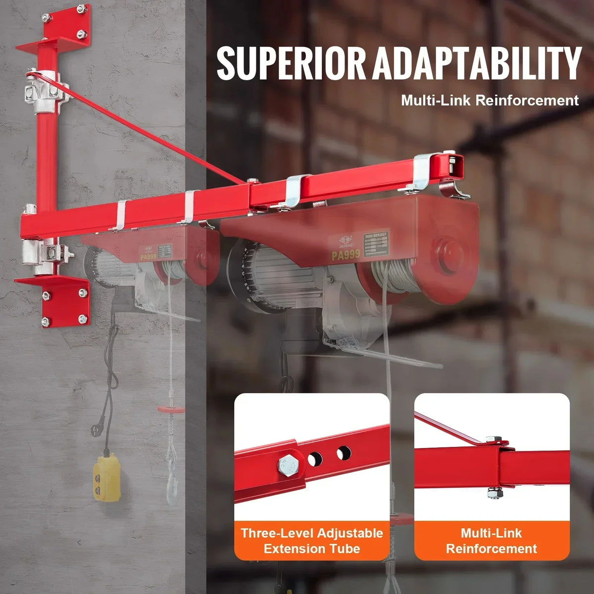 Electric Hoist Support Arm Swing Holder with Pole Steel Hoist Frame 180° Scaffold Winch Lifting Arm for Workshop Garage