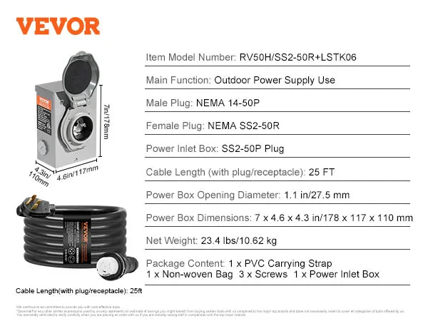 50Amp Generator Cord & Power Inlet Box Kit NEMA 14-50P/SS2-50R STW 6/3+8/1 AWG Power Cord with Twist Lock Connector for RV