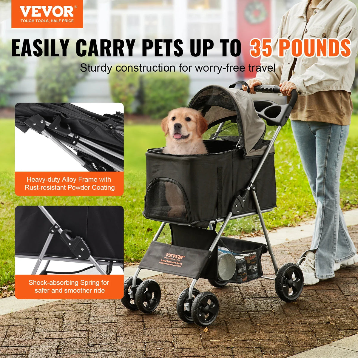 35lbs 4 Wheels Pet Dog Stroller with Brakes Storage Basket Cup Holder Puppy Stroller for Cats Travel Dogs Accessories