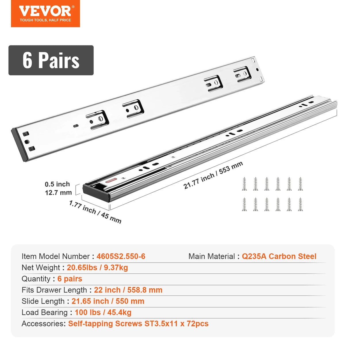Drawer Slides Side Mount Rails Heavy Duty Full Extension Steel Track Noiseless Guide Glides Cabinet 100 Lbs Load Capacity