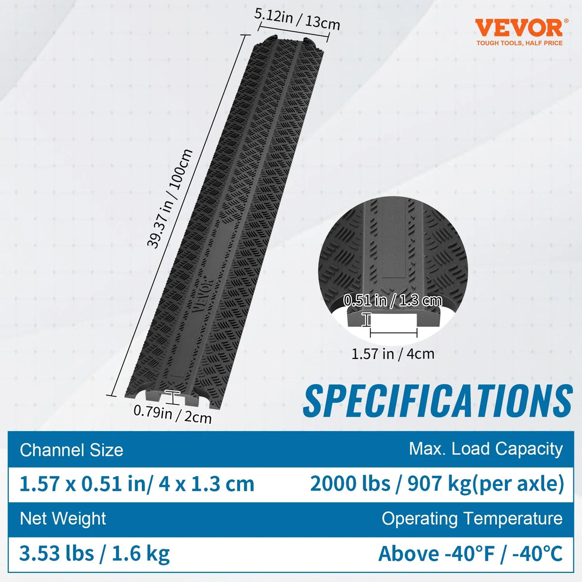 Drop Over Cable Cover Ramp 2,000 lbs/axle Load Capacity Heavy Duty TPR Cable Hose Protector Ramp for Indoor Outdoor Use