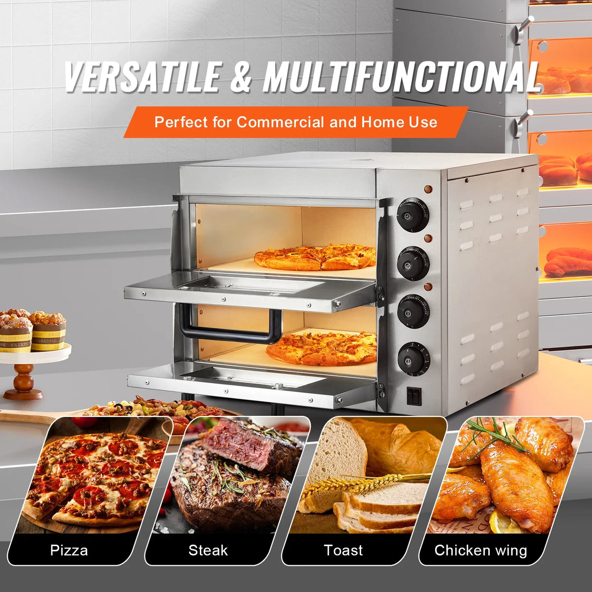 Commercial Pizza Oven Countertop, 14" Double Deck Layer, Stainless Steel Electric Pizza Oven with Stone and Handle