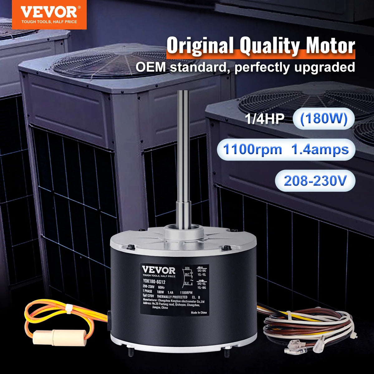 Condenser Fan Motor 1/4 HP 220V 1100RPM Single Phase Condenser Cooling Motor Reversible Rotating Explosion-proof Capacitor